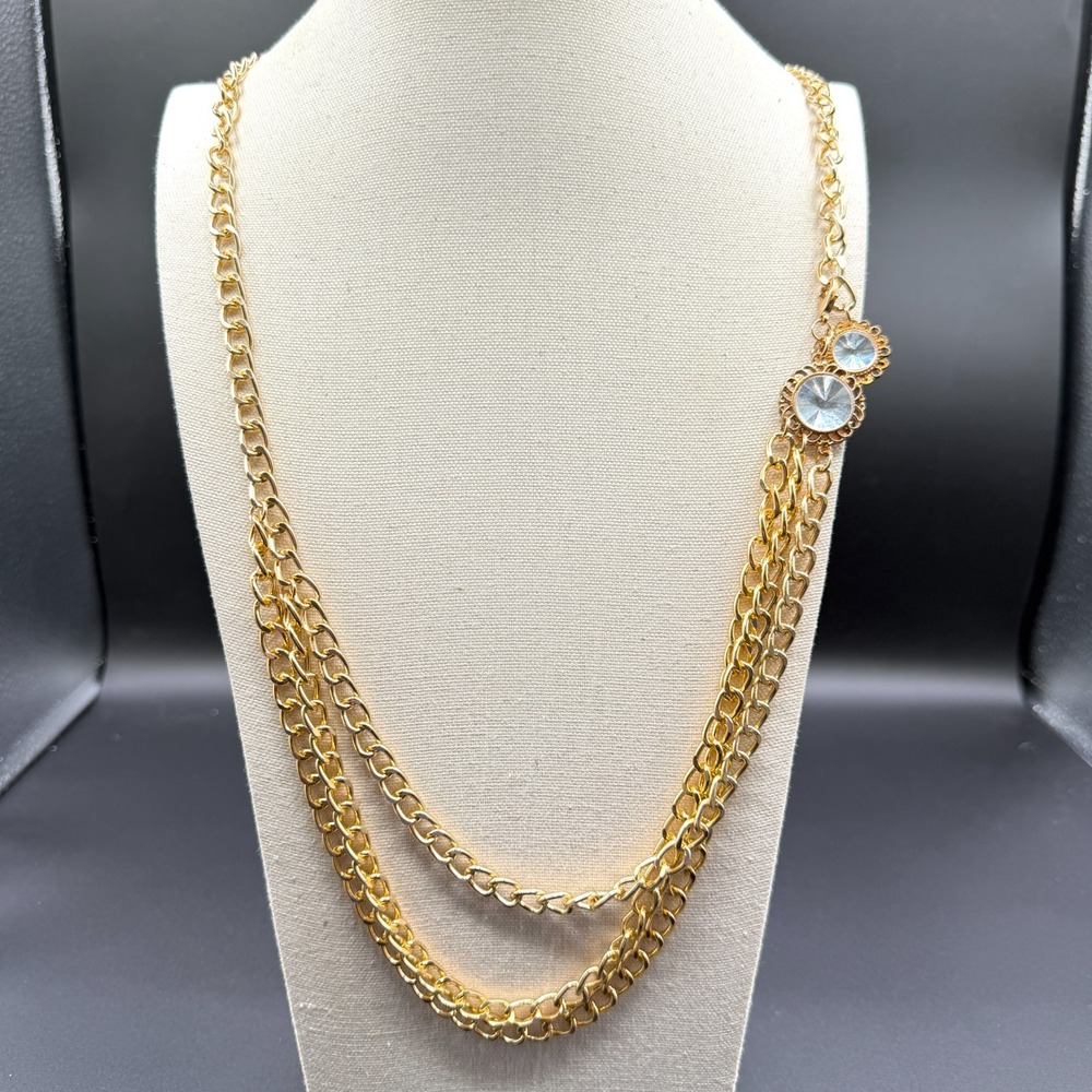 Gold Tone Triple Strand Chain Necklace Clear Rhinestone Statement Layered Boho